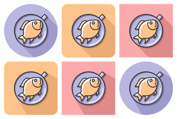 Outlined icon of  fried fish on a pan with parallel and not parallel long shadows