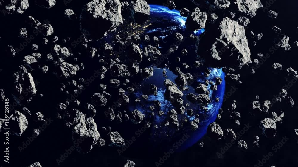 Wall mural a lot of 3d asteroids fly on the camera. the earth planet in backdrop. 3d rendering.
