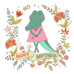 Cute alligator girl standing with flower