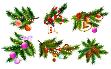 Christmas design elements set. Christmas tree branches and decoration. Christmas and New year decoration isolated on white.