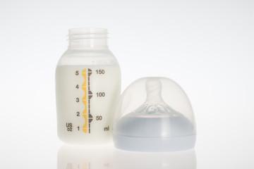 Milk breast pump in plastic bottle.