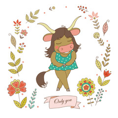Lovely yak with vintage frame for your design in doodle style