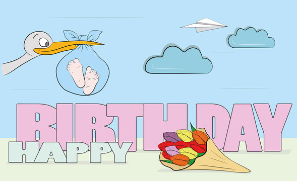 Sketch congratulations HAPPY BIRTHDAY! With a stork and a child. vector illustration.