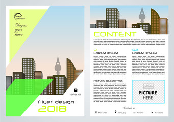 Vector flyer, corporate business, annual report, brochure design and cover presentation with green polygon.