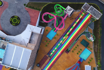 An aerial view of colorful theme park.