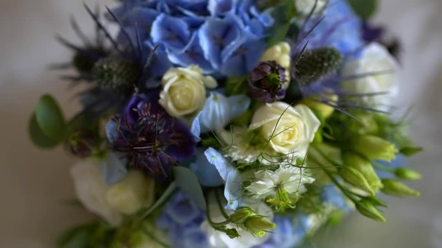 beautiful white blue wedding bouquet.