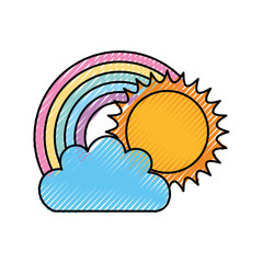 Beautiful fantasy cloud with sun and rainbows vector illustration design