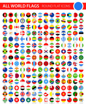 Round Flat Flag Icons on Black Background - All World Vector