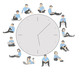 Young people are sitting around the clock. The concept of working time. Vector illustration for graphic and design.