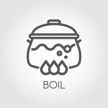 Pan with water, soup or other boiling food on stove. Icon of hot meal in linear design. Graphic contour symbol for different culinary projects. Vector illustration