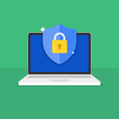 Web security modern flat vector illustration. Shield with padlock icon on computer screen.