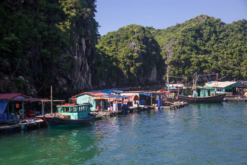 Fototapeta na wymiar traditional vietnamese boats and floating village among beautiful limestone rocks of Lan Ha bay, the southern edge of Ha Long bay, Vietnam