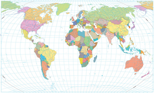 Colored World Map - borders, roads, rivers and lakes. No text. Isolated on white