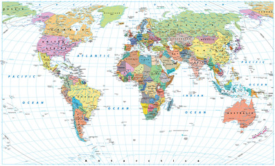 Carte du monde colorée - frontières, pays, routes et villes. Isolé sur blanc