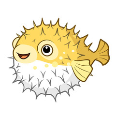 Vector cartoon illustration of a cute happy smiling yellow spiky puffer fish character isolated on white © Elena
