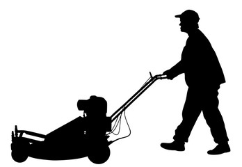 Gardener man mowing lawn mower vector silhouette illustration. Grass trimmer cutting. Professional garden worker.