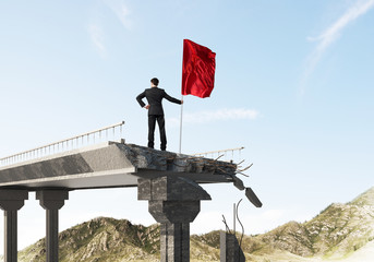 Man with flag presenting leadership concept.