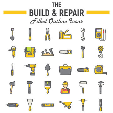 Build and Repair filled outline icon set, construction symbols collection, vector sketches, logo illustrations, tools signs colorful line pictograms package isolated on white background, eps 10.