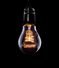 Hanging lightbulb with glowing Consumer concept.