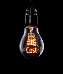 Hanging lightbulb with glowing Cost concept.