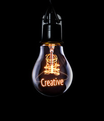 Hanging lightbulb with glowing Creative concept.