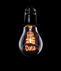 Hanging lightbulb with glowing Data concept.
