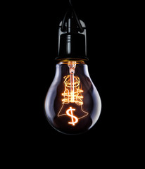 Hanging lightbulb with glowing Dollar concept.