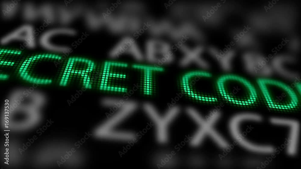 Poster green -secret code- between searching of abstract passwords screen with shallow depth of field.