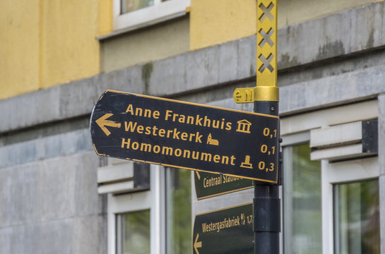 Direction sign to the Anne Frank House in Amsterdam - AMSTERDAM - THE NETHERLANDS - JULY 20, 2017