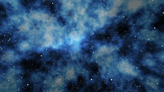Flying through a deep Blue outer space star field and nebula background.