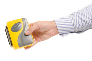 Male hands of cassette player isolated