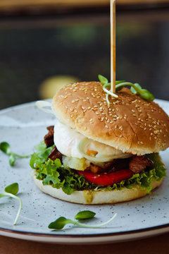 Beautiful fresh Burger with duck and vegetables