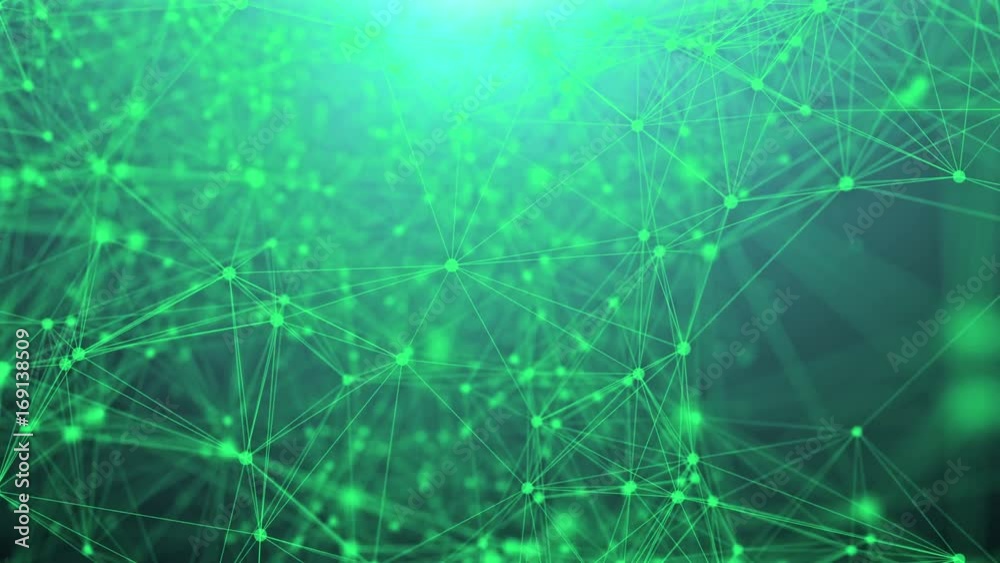 Poster flying through plexus fantasy abstract technology network with a green background. seamless loop.