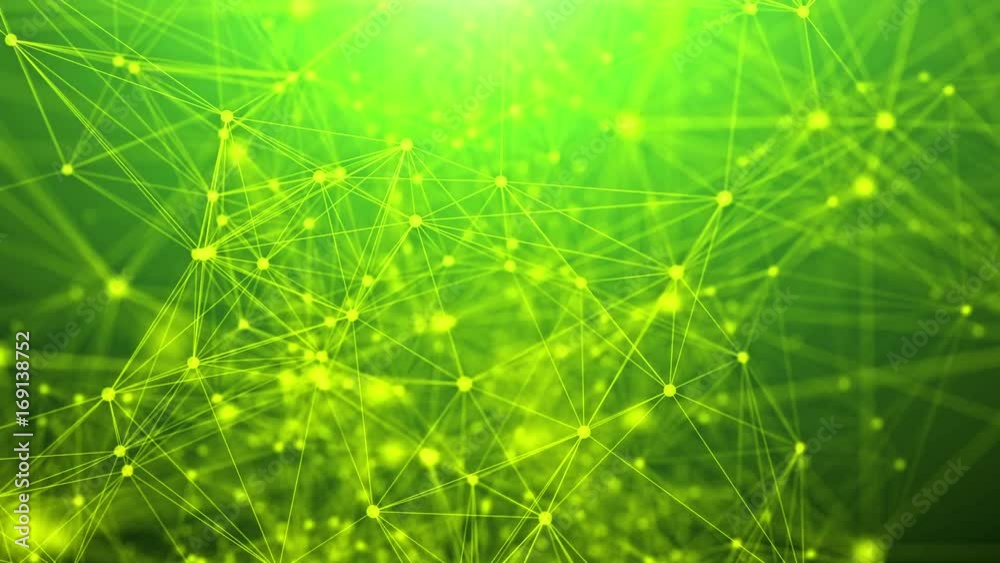 Poster flying through plexus fantasy abstract technology network with a green background. rotating camera. 