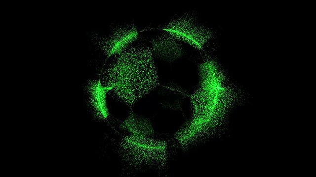 Bright green football (soccer) ball consist of small particles rotating on black background. Lot of green dots fly away from its surface. 3D rendering with alpha-channel. Sport or health theme.
