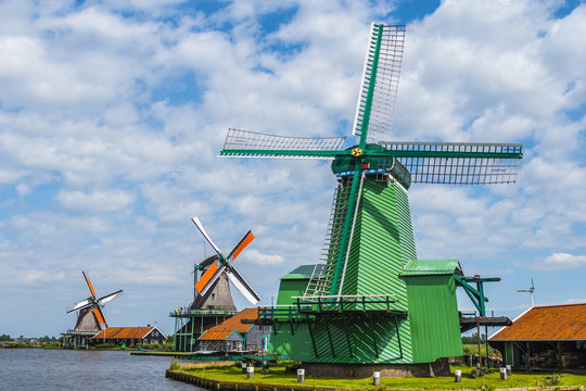 Idyllic view over the typical windmills in Holland