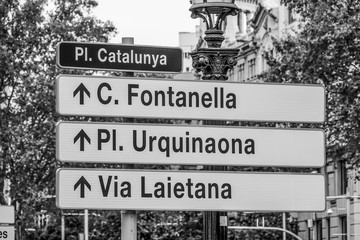 Street signs at Placa de Catalunya in Barcelona