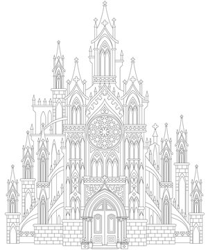 Fantasy drawing of medieval Gothic castle. Black and white page for coloring. Worksheet for children and adults. Vector image.