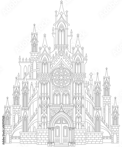 "Fantasy drawing of medieval Gothic castle. Black and ...