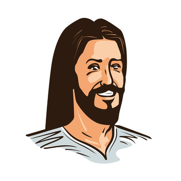 Portrait of happy Jesus Christ. Cartoon vector illustration