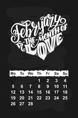 Vector calendar for February 2018. Hand drawn lettering quotes for calendar design