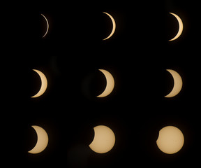 Solar eclipse sequence of events stages sun moon overlap light shadow scientific data background