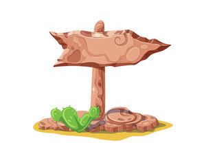 Cartoon pointer from stones. blank stone sign and cactus