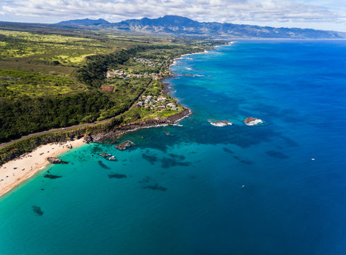 Aerial view of Waimea bay and the north shore of Oahu Hawaii near Haleiwa