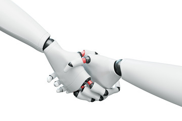 Two white robots shaking hands, white close up