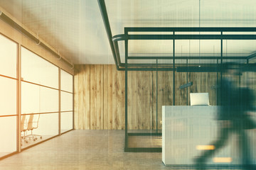Wooden office, a white reception, closeup, people