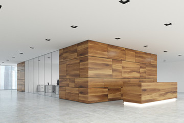 Wooden and glass reception lobby side