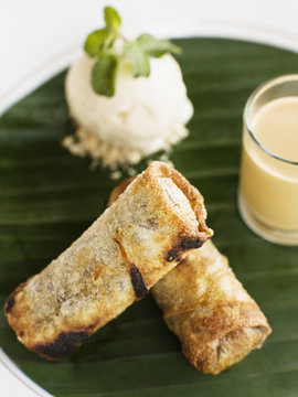 Chocolate and banana spring rolls and caramel sauce.. Luang Prabang, Laos