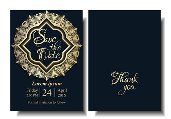 Luxury Arab Wedding Invitation Card. Golden Lace and Blank Space for your Text with Dark Blue Background. Front and Back Template. Islam Style. Vector/Illustration