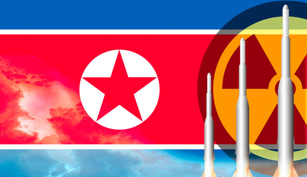 North Korea Missile Weapons Ready To Launch. Flag Of North Korea.